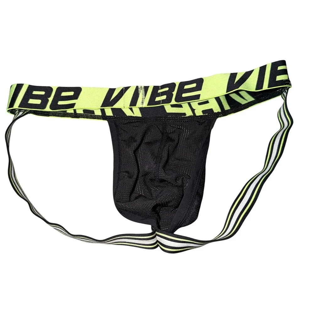 Vibe Mens Mesh Jockstrap Black Neon Yellow Logo Waistband Athletic‎ Underwear
